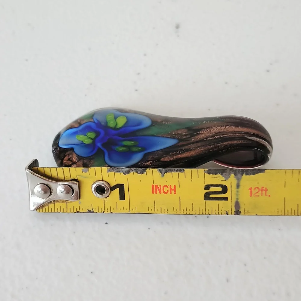 Lampwork Glass Teardrop Spoon Pendant Blue Lily Flower Gold Black
